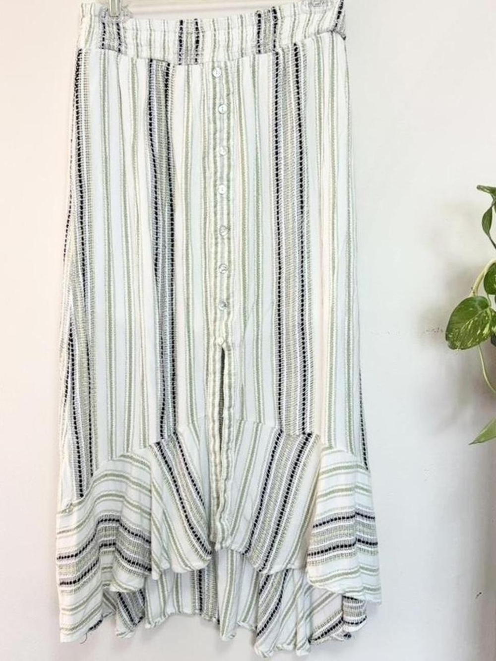 White & lime green striped boho skirt